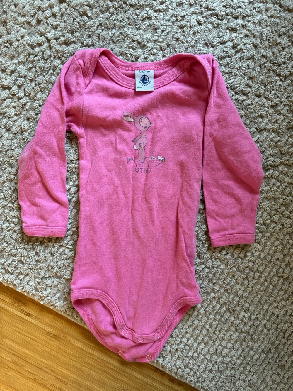 Petit Bateau Pink Long-Sleeve Baby Bodysuit with Bunny Graphic